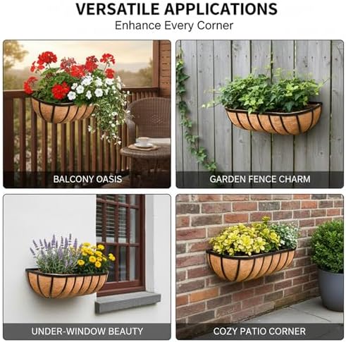 16“ Window Box Railing Planter with Coco Liner Metal Wall-Mounted Coconut Liner Basket English Horse Trough Planter for Outdoor Deck Balcony Porch Fence Patio Black (4 Pack) - Image 7