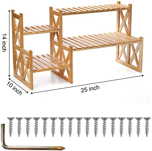 Lawei 2 Tier Bamboo Tabletop Plant Stand, Adjustable Flower Pot Holder Shelf Planter Display Stand, Small Desktop Ladder Plant Rack for Indoor Outdoor Home Patio Lawn Garden Balcony Organizer - Image 2
