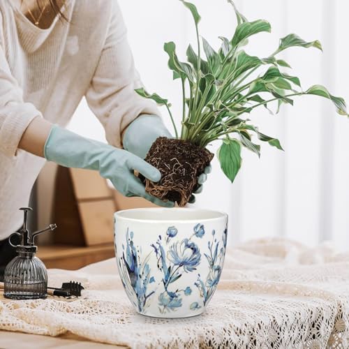 Decorative Flower Pots Blue and White Plant Pot Gold Accent Ceramic Planters for Indoor Plants Pots with Drainage Retro Planter Pot for Succulents Cactus Herb Snake Plants Outdoor Garden, 7.6/5.5 Inch - Image 4