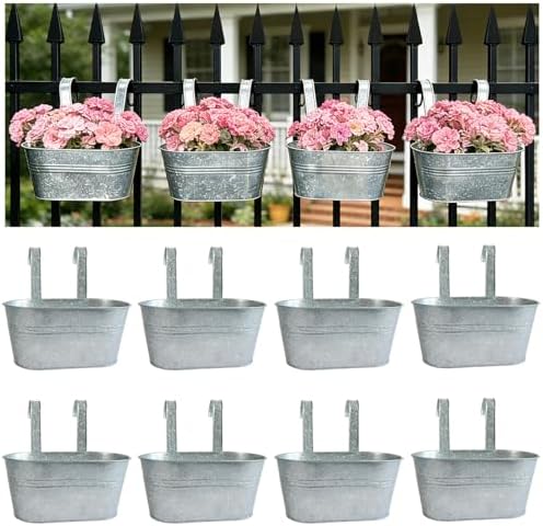 8 Pack 10" Galvanized Hanging Railing Planters with Hooks and Drainage by JOYFERNAL