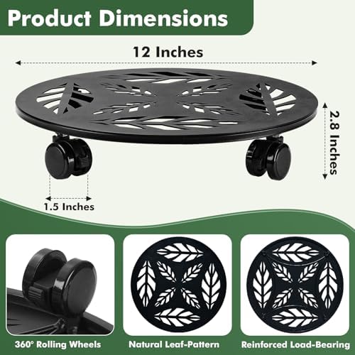 Planterhoma 2 Packs 12/14 Inch Rolling Plant Stand with Wheels Metal Plant Caddy with Wheels Heavy Duty Plant Rollers with Wheels Round Wrought Iron Plant Stand with Clear Saucers, Matte Black - Image 7
