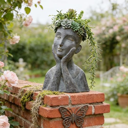 Newman House Studio Face Cactus Succulents Planter Pot - Indoor Outdoor Planter with Drainage Hole Garden Statues Cute Plants Pot Flower Pot Farmhouse Decor 11 * 8.5 * 16.5 inch - Image 3