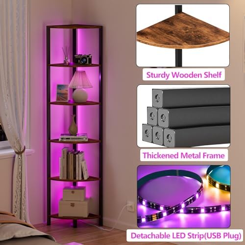 Furnulem 6 Tier Corner Shelf with LED Light, 67.5" Corner Narrow Bookshelf - Image 5