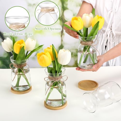 FoldTier 4 Sets Hyacinth Glass Vase with Bamboo Coaster Rope Hyacinth Avocado Growing Bud Vase Decorative Glass Flower Vases for Centerpieces Bulb Forcing Plant Containers Home Office Table Decoration - Image 3