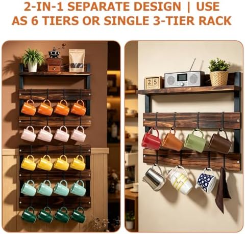 2-in-1 Wall Mounted 6-Tier Wooden Mug Rack, Cup Holder & Organizer - Image 6
