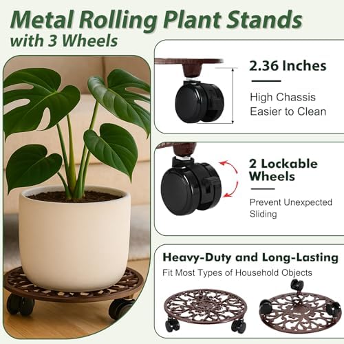 2 Pack 11 In Rolling Plant Stand with Wheels Metal Plant Caddy with Wheels - Image 3