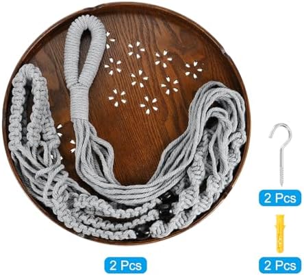 PATIKIL Macrame Plant Hangers Indoors, 2 Pack Hanging Plant Shelf with Sturdy Wood Base for Home Decor Hanging Wall Ceiling Window, Grey - Image 3