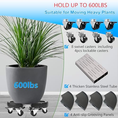 CASIMR Plant Stand with Wheels, Heavy Duty Plant Caddy with 8 Twin Casters, 2 Pack Adjustable 15-20 Inch Indoor Outdoor Large Rolling Plant Stand Planter Cart Dolly for FlowerPot, 600lbs Capacity - Image 2