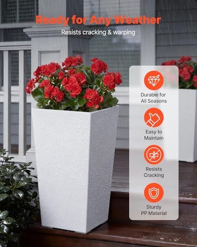 VEVOR Set of 2 Tall Planters for Outdoor Plants 22 inch, White Tall Planter for Indoor Plants, Modern Planters for Front Porch Patio Balcony, Plant Container Flower Pots with Built-in Drainage - Image 2