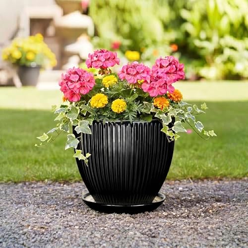 10 Inch Planter, Ceramic Plant Pots with Saucer, Black - Image 5