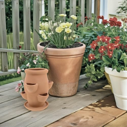POPETPOP Strawberry Tower Planter : Multi Pocket Strawberry Terracotta Planter Pot Smart Plant Pot for Succulents Flowers, 7.47X5.89X5.89in - Image 7