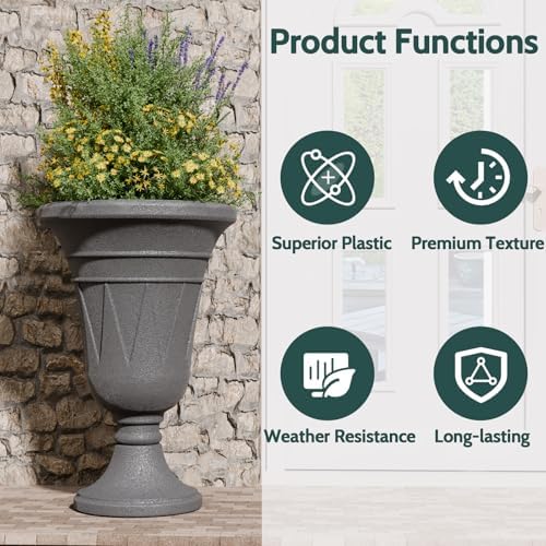 Tall Plastic Urn Planters and Pedestal - 24" Outdoor Planter Grey - Image 5