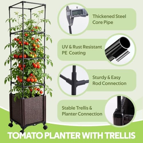 Raised Garden Bed Planter Box with Tomato Cage - Self-Watering Tomato Planters with Trellis for Climbing Plants Outdoor - Vertical Gardening Tomatoes Pot with Trellis Wheels for Vegetable Vine - Image 3