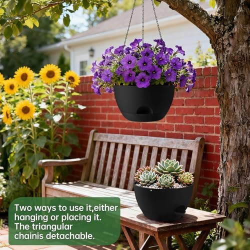 3-Piece Set of 10-Inch Hanging Planters with Automatic Watering System and Drip Tray, Includes Metal Chain, Suitable for Various Indoor and Outdoor Plants and Flowers,Pure Black - Image 2