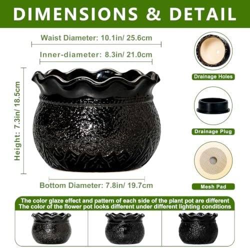 Ceramic Planters for Plants, 10 Inch Flower Pots, Black - Image 2