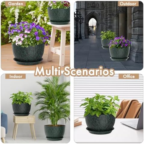 WSMKSZ 12 Inch Wide Water Ripples Flower Pots for Indoor or Outdoor Plants, Large Plant Pots with Drainage Holes & Saucer, Plastic Planters Set for Garden & Home Decor (Black with Green Speckles) - Image 6