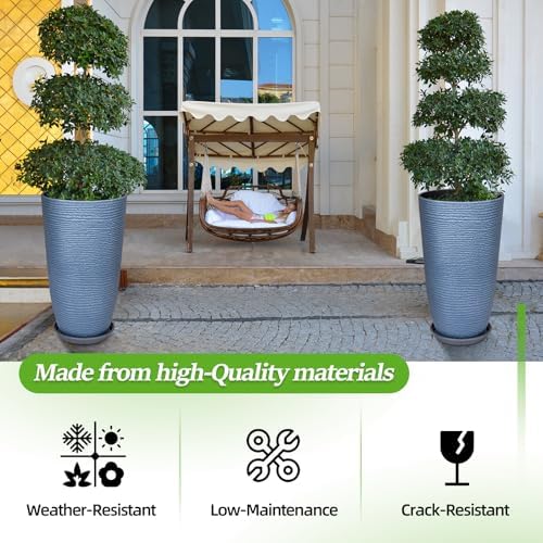 QCQHDU Set of 2 9 Gallon Tall Large planters for Outdoor/Indoor Plants of 12" Dia x 21" H Round Flower Pots Set Faux Stone Finish Front Door Patio Square Porch Planters with Tray, Sky Blue - Image 4