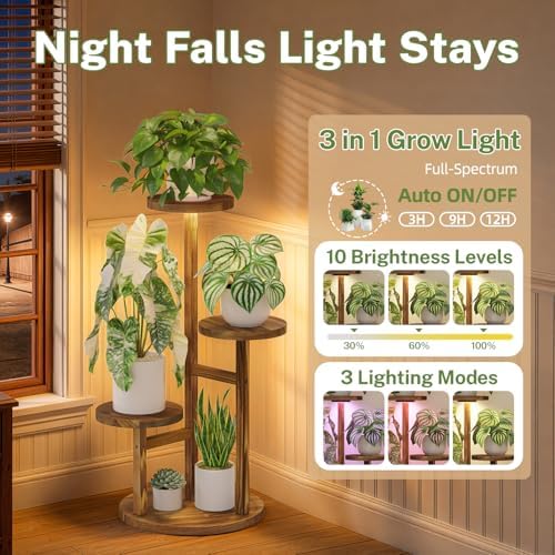 iDavosic.ly 3 Tier Wood Plant Stand Indoor Corner with Grow Light, Brown - Image 3