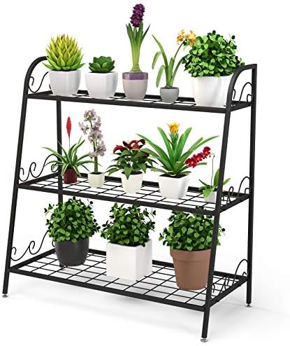 Giantex 3 Tier Metal Plant Stand, Indoor Outdoor Plant Shelf, Flower Rack Display Shelf, Flower Pots Holder with Adjustable Feet for Garden, Balcony, Living Room (3-Tier (32''x 13'' x 32'')) by Giantex