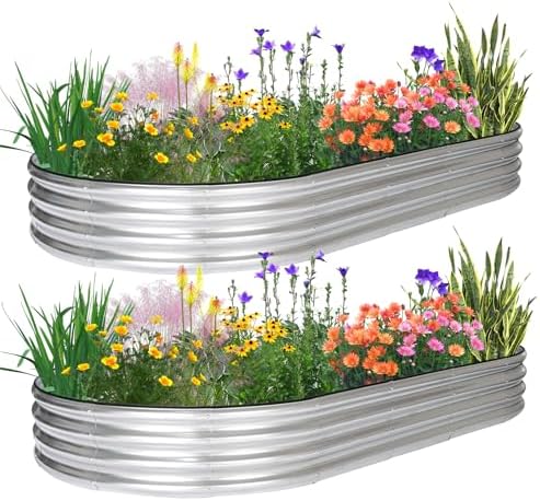 JERIA 2 Pcs 8×4×1ft Oval Raised Garden Bed,Galvanized Raised Garden Bed Kit Outdoor Metal Gardening Planter Box for Vegetable, Fruits, Flower，Herbs by JERIA