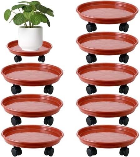 8 Packs Plant Caddy with Wheels 11.8" Plastic Rolling Plant Stands Heavy-Duty Plant Dolly with Casters Indoor and Outdoor Plant Roller Base Large Heavy Plant Pot Saucers with Wheels, Rust Red by Planterhoma