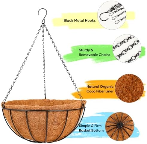 HKZ Hanging Basket Planter Plants Outdoor - 4 Pack 14 Inch Metal Hanging Planter with Coco Liners, Chain Hook Hanging Flower Pots for Indoor Outdoor Garden Porch Decoration - Image 3