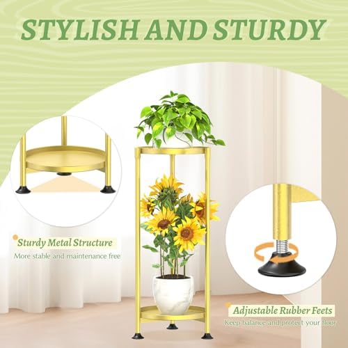KMOTASUO 2 Tier Metal Plant Stand Tall for Indoor Outdoor Corner, Gold - Image 3