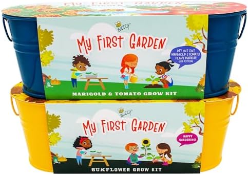 BUZZY 2 Pack Sunflower and Marigold Cherry Tomato Indoor Grow Kits with Yellow and Blue Planters, Non-GMO Seeds and Growing Medium, Windowsill Gardening Gift for Beginners by BUZZY