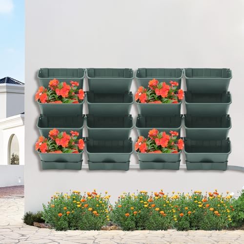 Self Watering Vertical Wall Planter, 16 Pockets 13" Stackable Hanging Planters Indoor Outdoor Living Wall with Hose and Drainage Tray Kit, Green Plastic Pot Herb Plants for Deck Garden - Image 3