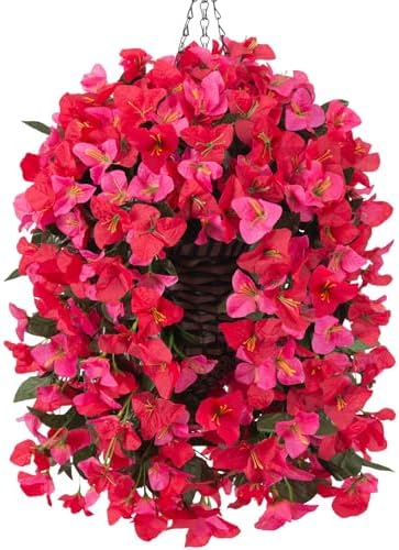Ivydale Bougainvillea Artificial Hanging Fake Flowers with Basket for Outdoors Decoration, Faux Silk Flowers UV Resistant Fake Plants Long Vines Realistic for Outside Front Door Porch Patio, Red Pink by Ivydale