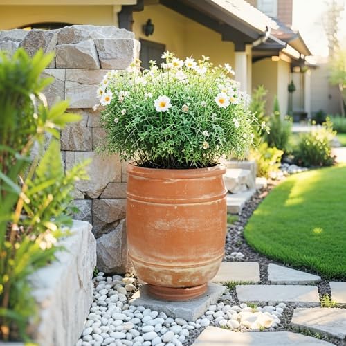 9.5 Inch Large Flower Pot for Outdoor Plants, Modern Tall Round Fiberstone Planter with Drainage Hole, 11" H Camel Decorative Garden Pot for Porch, Patio, Indoor Decor, Tree Container - Image 6