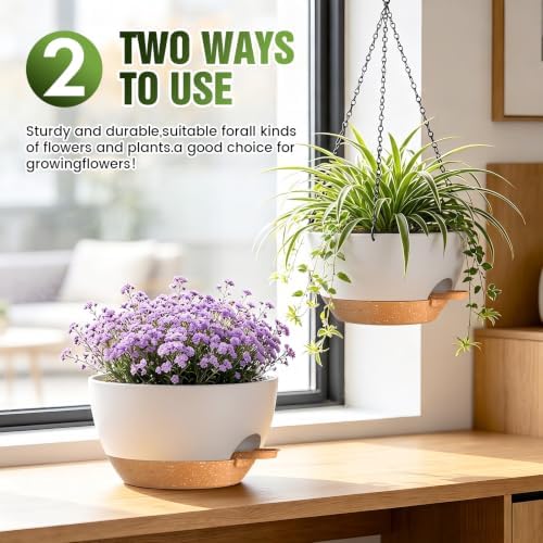 13 Inch Large Self Watering Hanging Planters 2 Pack with Saucers - Image 3