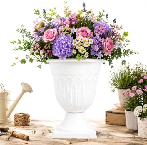 2PCS Plastic Urn Planter, Large Flower Urn for Outdoor Patio, Modern Garden Pot with Drainage Hole, Decorative White Vase for Front Porch, 19 Inch (W-2) - Image 2
