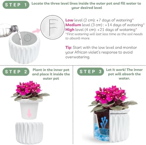 6 Inch African Violet Pots Self Watering, 2 Pack, Ceramic Pot with Water Reservoir and Fill Lines, 4 Inch Opening, Indoor Flower Planter, Holds 3 Weeks of Water - Image 4