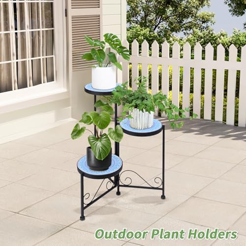 3 Tier Mosaic Corner Plant Stand Foldable Display Shelf Blue - Image 5