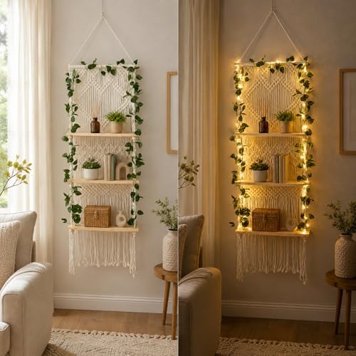 Boho Macrame Wall Plant Hanger Shelf, 3-Tier Hanging Display Shelves with LED String Lights, Wooden Floating Organizer Natural Cotton Rope for Indoor Plants Living Room Bedroom Balcony - Image 3