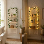 Boho Macrame Wall Plant Hanger Shelf, 3-Tier Hanging Display Shelves with LED String Lights, Wooden Floating Organizer Natural Cotton Rope for Indoor Plants Living Room Bedroom Balcony - Image 3