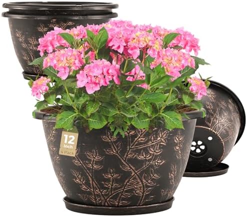 12-inch-Flower-Pots-Outdoor-Indoor, 4 Pack Plastic Planter Pots for Plant with Drainage Hole Saucer, Decorative Resin Garden Container with Tray by FlowyypoPlantPot