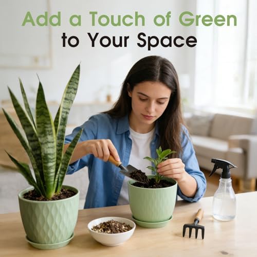 GARDIFE 5-Pack Plastic Plant Pots 7-10in with Drainage & Saucers, Green - Image 6