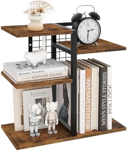 ELITEROO Desktop Shelf Organizer, 4-Tier Wooden Desk Bookshelf, Small Tabletop Book Shelf, Adjustable Display Rack for Home, Office, Dorm, Rustic Brown by ELITEROO