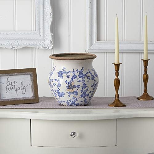 Nearly Natural 10.5in. Tuscan Ceramic Blue Scroll Urn Vase, Green - Image 3