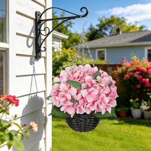 Hollyone Pink Hydrangea Artificial Hanging Flowers with Basket for Outdoor, UV Resistant Large Faux Hanging Flowers Plants in Pot for Garden Yard Balcony Porch Home Indoor Outdoor Decor - Image 5