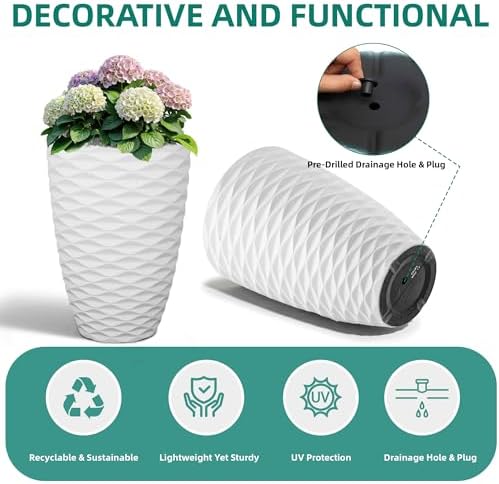 2-Pack 19" White Resin Tall Outdoor Planters with Wave Texture - Image 6