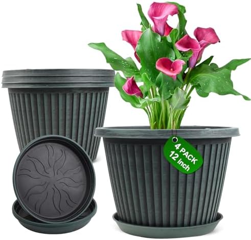 Large-Planter-Indoor-Outdoor Plant Pots, 12 inch 4 Pack Plastic Flower Pots with Saucer And Drainage Holes, Modern Garden Planters For Planting Medium Large Plants, Decorative Resin Garden Pots by Myfeegoin
