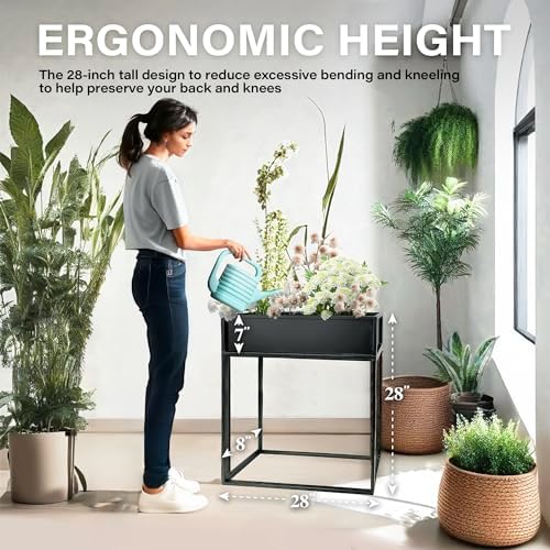 Cocoyard Metal Elevated Planter Box - 28" Raised Garden Bed with Legs for Indoor and Outdoor - Tall Narrow Rectangle Planter with Felt Liner, Drainage Holes and Plugs for Herbs and Flowers(Black) - Image 4