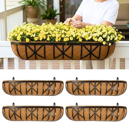LaLaGreen 36 Inch, 4 Pack Railing Planters with Coir Liner – Large Black Metal Window Boxes with Adjustable Brackets for Wall Mounting, Herb Pots, Balcony & Fence Planter for Patio, Porch, Garden by L%C3%A1L%C3%A1Green