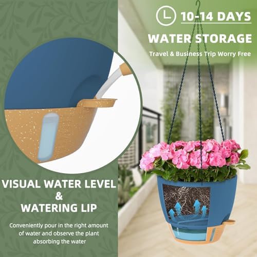 ZMTECH 12 Inch Large Self Watering Hanging Planters for Indoor Outdoor Plants - Water Level Indicator & Removable 60 Oz Reservoir, 1 Pack Plastic Hanging Basket for Window Porch Garden Balcony, Blue - Image 2