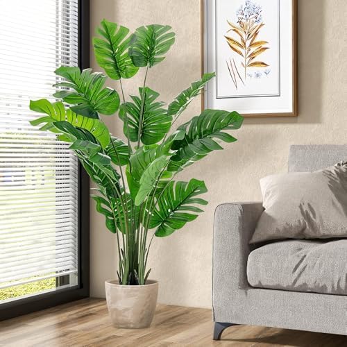 HAPPYGRILL Artificial Monstera Deliciosa Plant, 5FT Faux Plant with Cement Pot, 15 Large Leaves, Decorative Fake Greenery Plants, Indoor & Outdoor Decor for Home Office (1) - Image 2