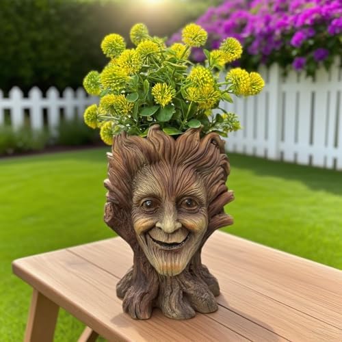 Tree Face Planter, 8.26 inch Resin Garden Flower Pot, Indoor Outdoor Decorative Vase, Brown - Image 2