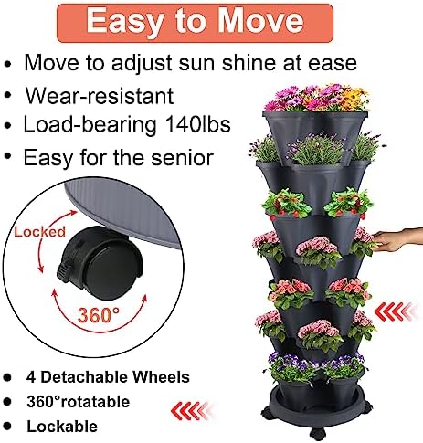 GameXcel Vertical Planter Tower - 7 Tier Stackable Garden Planters with Wheels and Tools Plant Pots for Strawberry Herb Flower and Vegetable Indoor Outdoor Use Dark Gray - Image 5